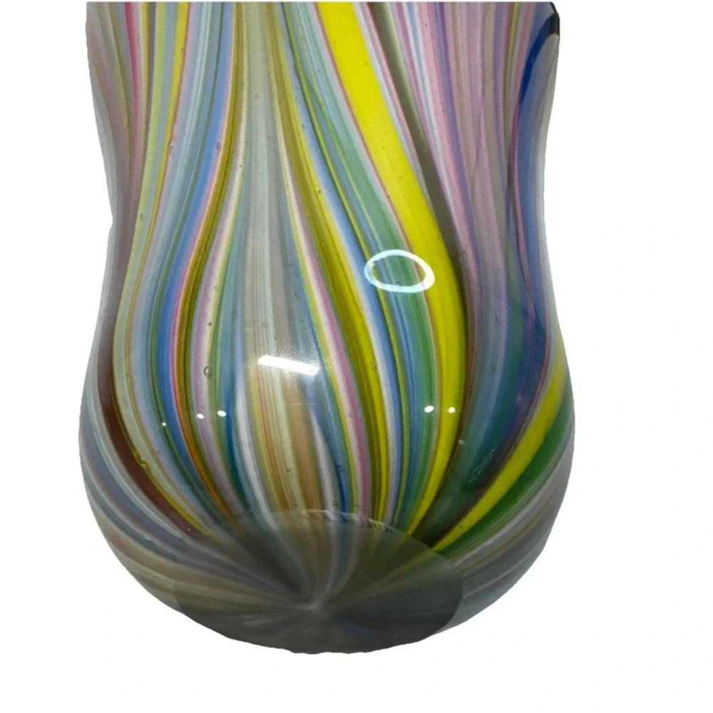 Hand Blown Rainbow Striped Art Glass Vase Tall Hourglass Multicolor 18.5 Inch